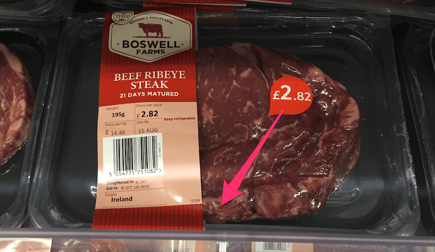 Beef Ribeye Steak Pricing Promotions on bottom left of label