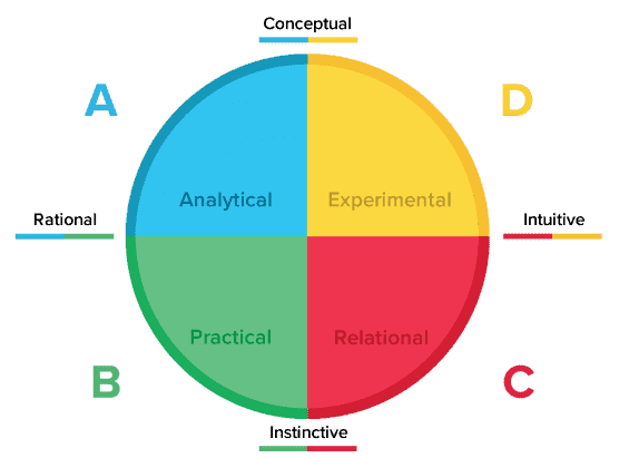 HBDMI Assessment tool with four colored circles yellow, blue and green with different personality types