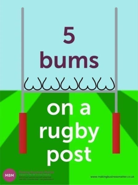 5 cartoon bums on a rugby post 