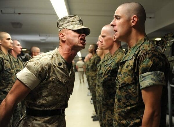 Drill instructor yelling at cadet in the army 