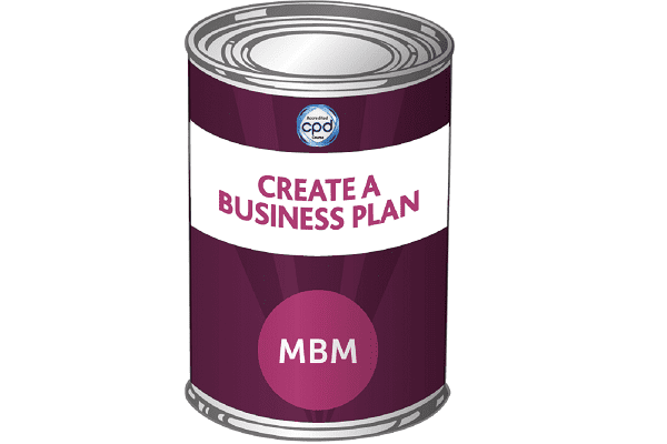 Purple tin with Create a Business Plan on label for MBM training course