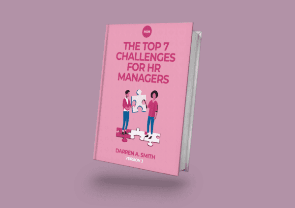 Pink 3D model of book title The Top 7 Challenges for HR Managers