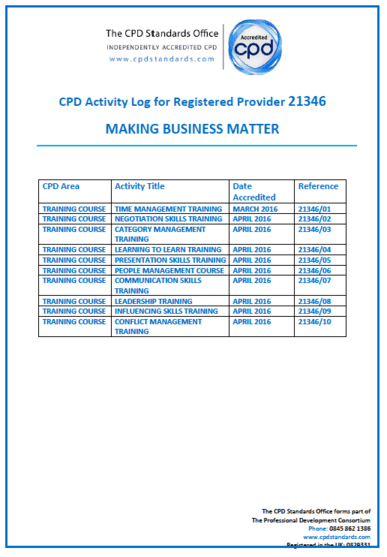 CPD Activity Log for Registered Training Provider MBM Making Business Matter