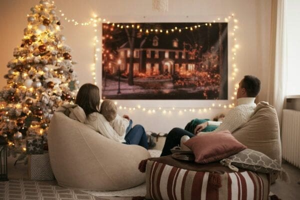 A family watching a christmas ad