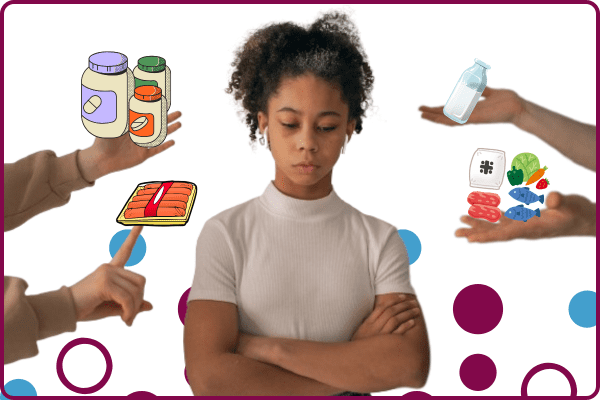 confused female shopper surrounded by products